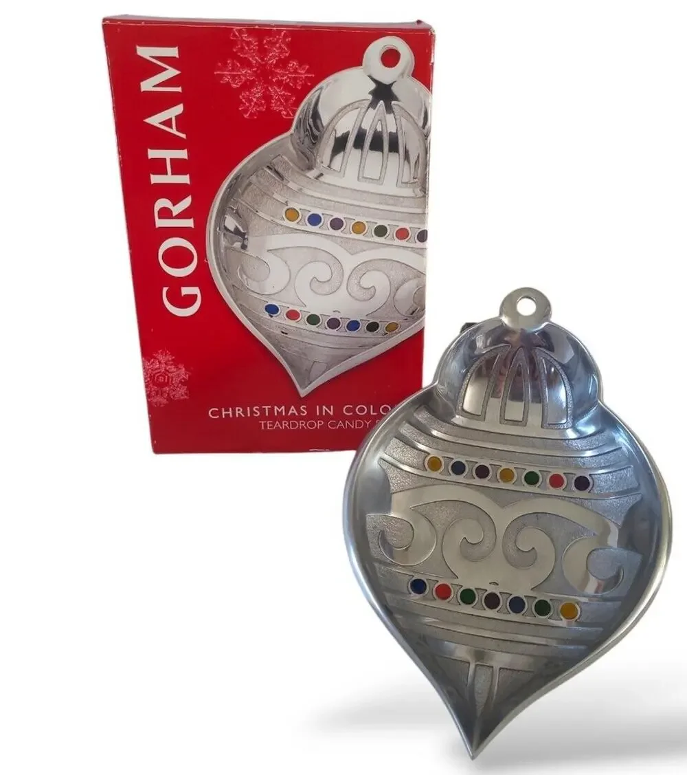 Gorham Christmas in Color Ornament Candy Trinket Dish NEW Teardrop Silver Decor